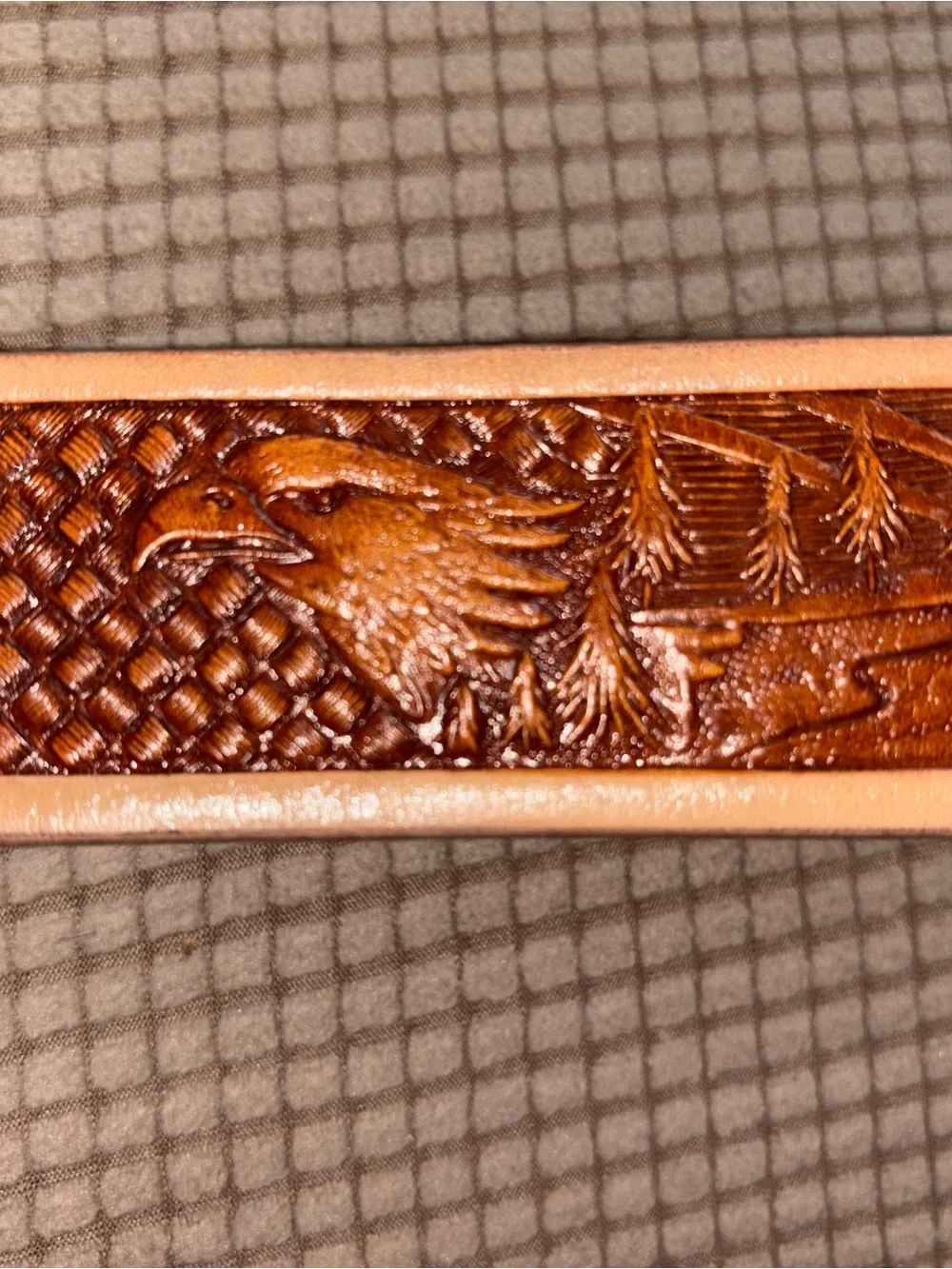 Boy Scout Tooled Brown Leather Belt with logo Buckle and designs marked size 50